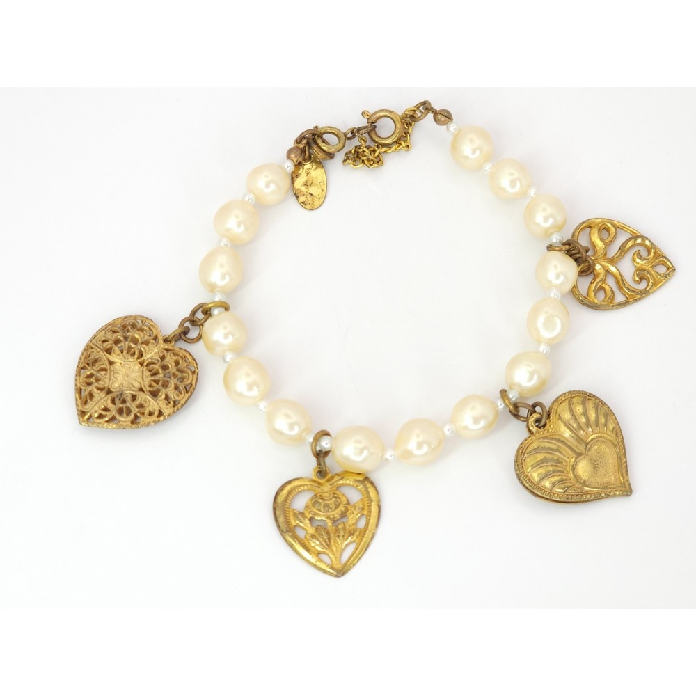 Signed Vtg‎ Miriam Haskell Faux Pearl Heart Charm Bracelet Gold Tone Filligree - Picture 11 of 15